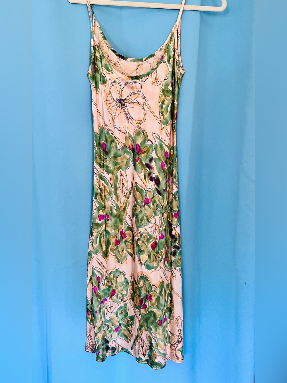100% Silk Watercolor- hand painted Floral Slip Dress – Size 6